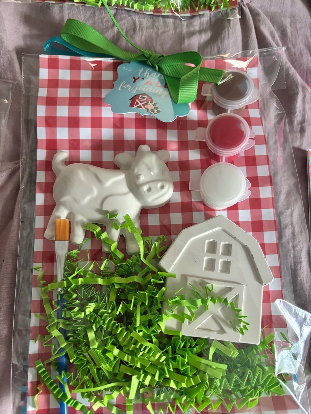 Farm Animal DIY Paint Favor Set — White Cow & Barn with Green Accents